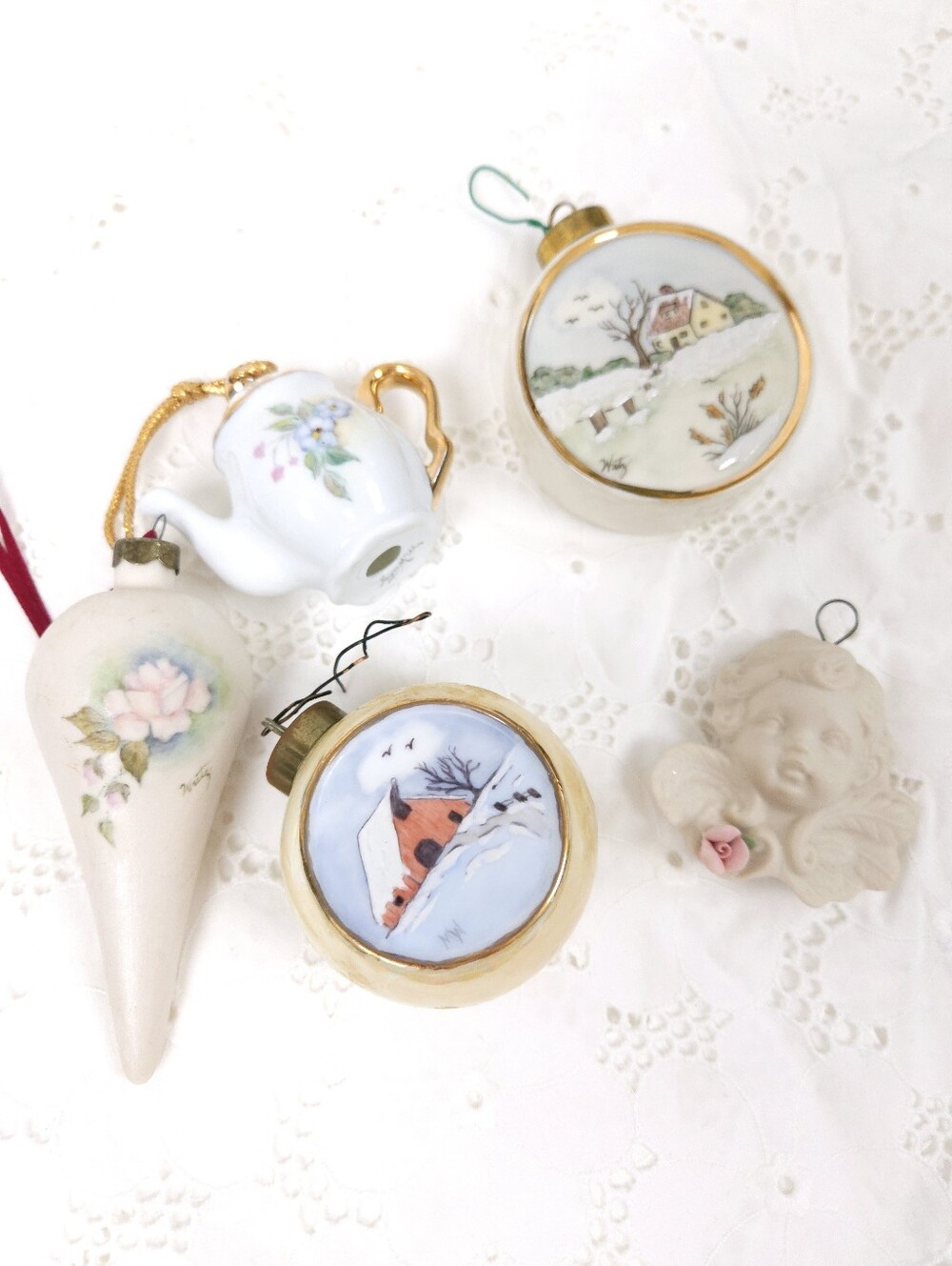 Lot Of 5 Hand Painted Porcelain Christmas Ornaments Victorian Winter Scene